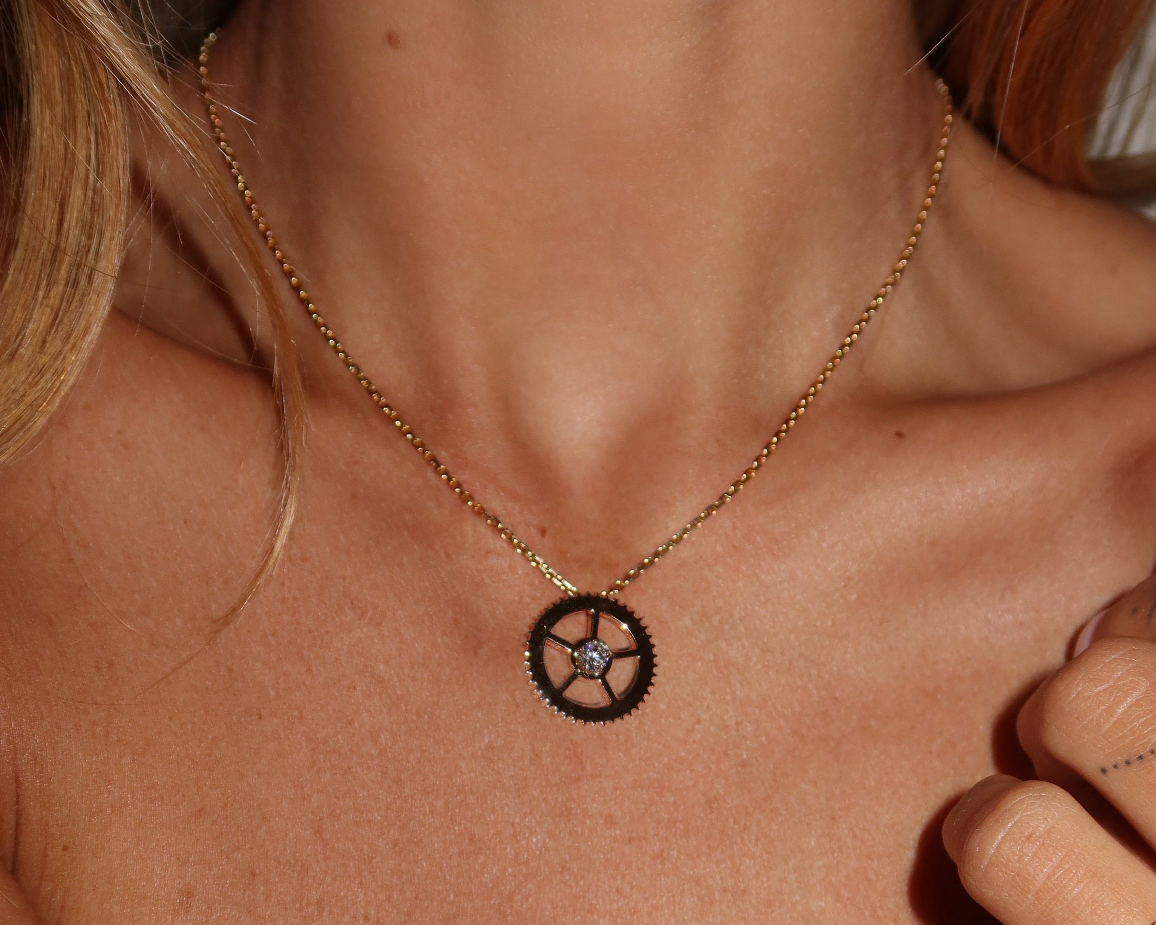 1 Diamond Yellow Gold Gear Necklace