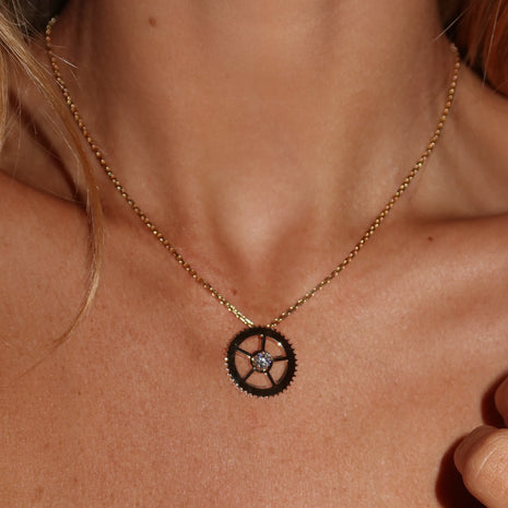 1 Diamond Yellow Gold Gear Necklace