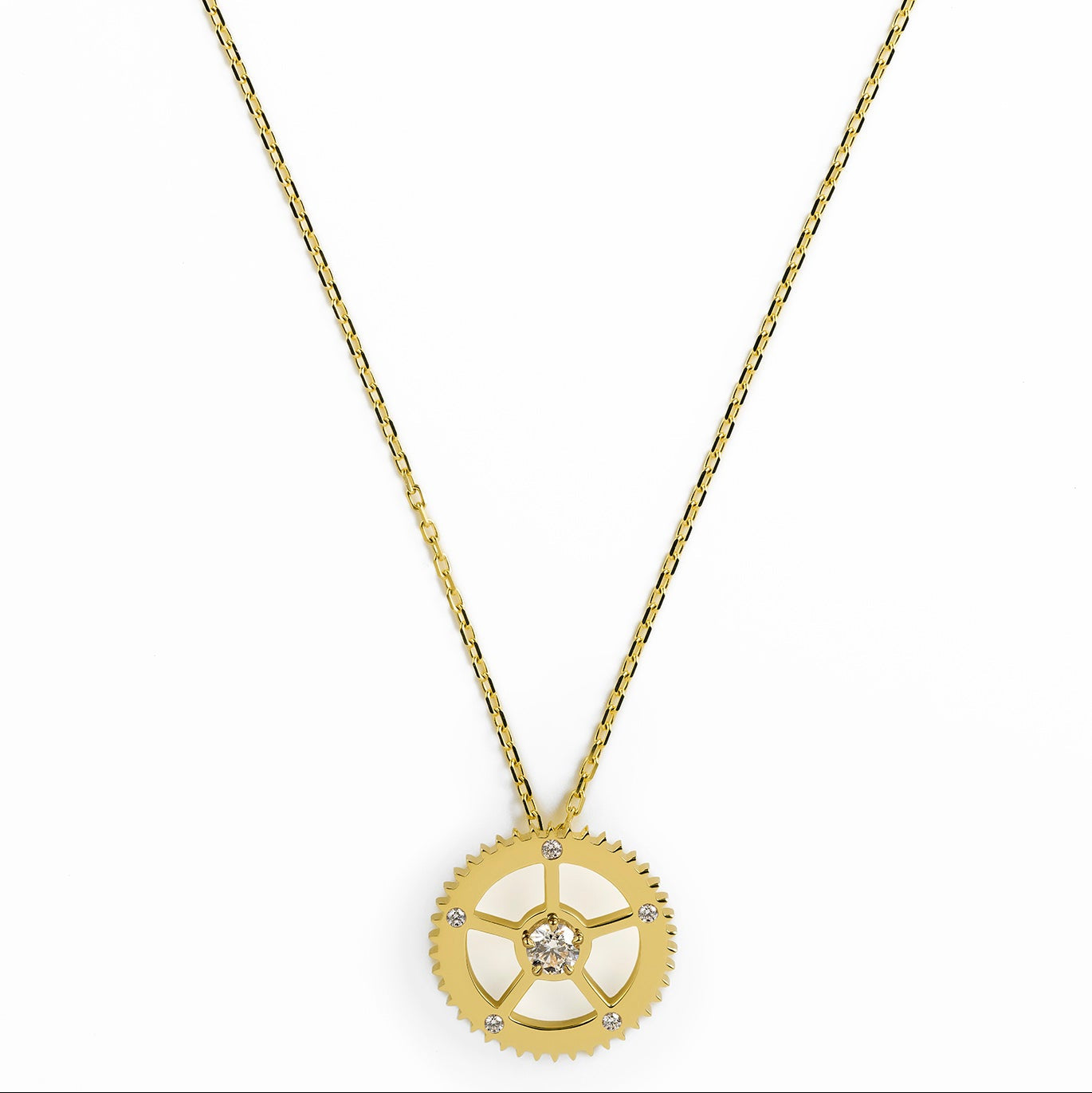 6 Diamonds Yellow Gold Gear Necklace